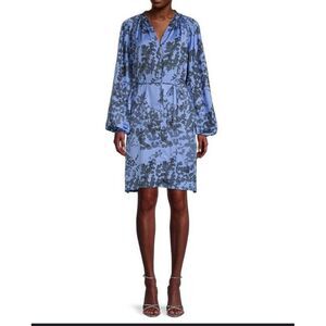Halston Blue & Black Floral Print Long Sleeve  Dress with Balloon Sleeves NWT